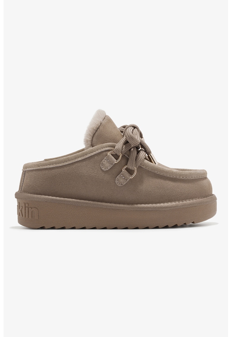 Saboti din piele intoarsa cu talpa flatform - Maro taupe
