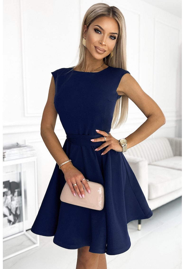 Rochie evazata cu curea in talie - - Albastru marin