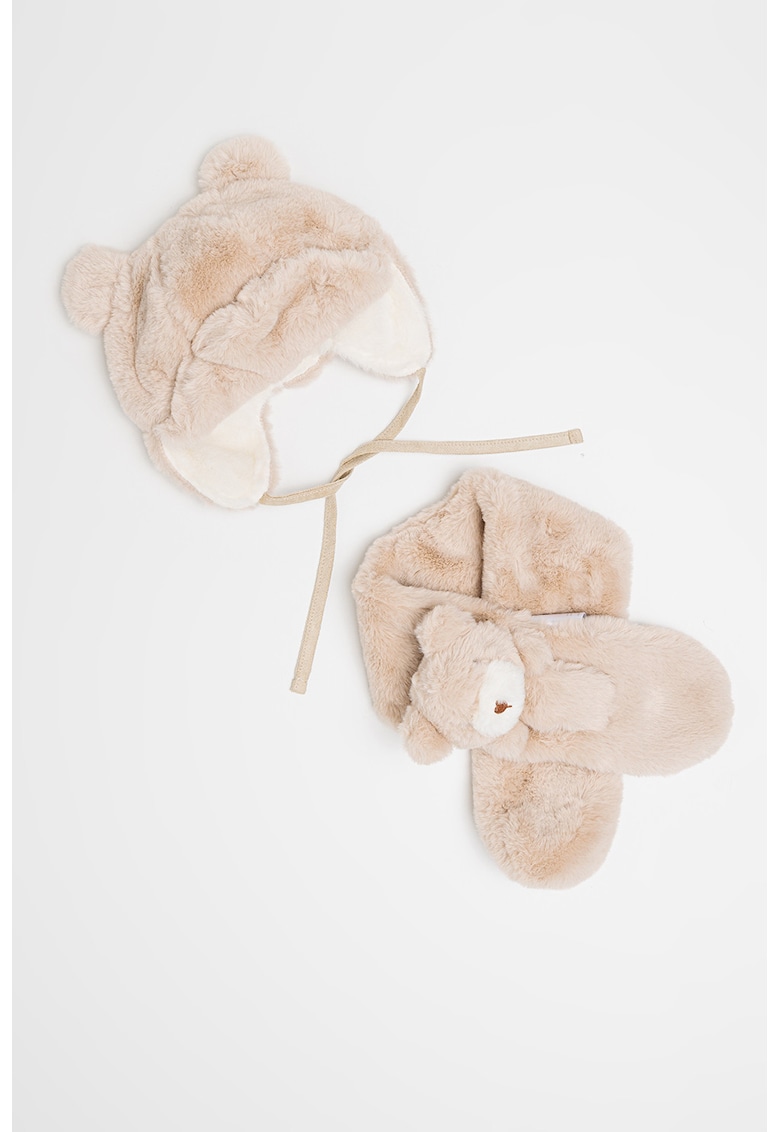 Set de caciula din teddy si fular cu model urs