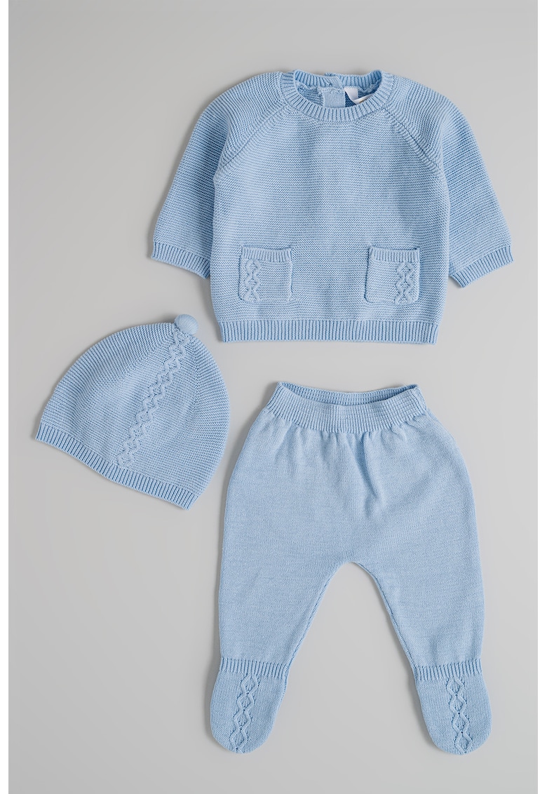 Set de bluza tricotata - pantaloni cu captuseala si caciula din bumbac - 3 piese