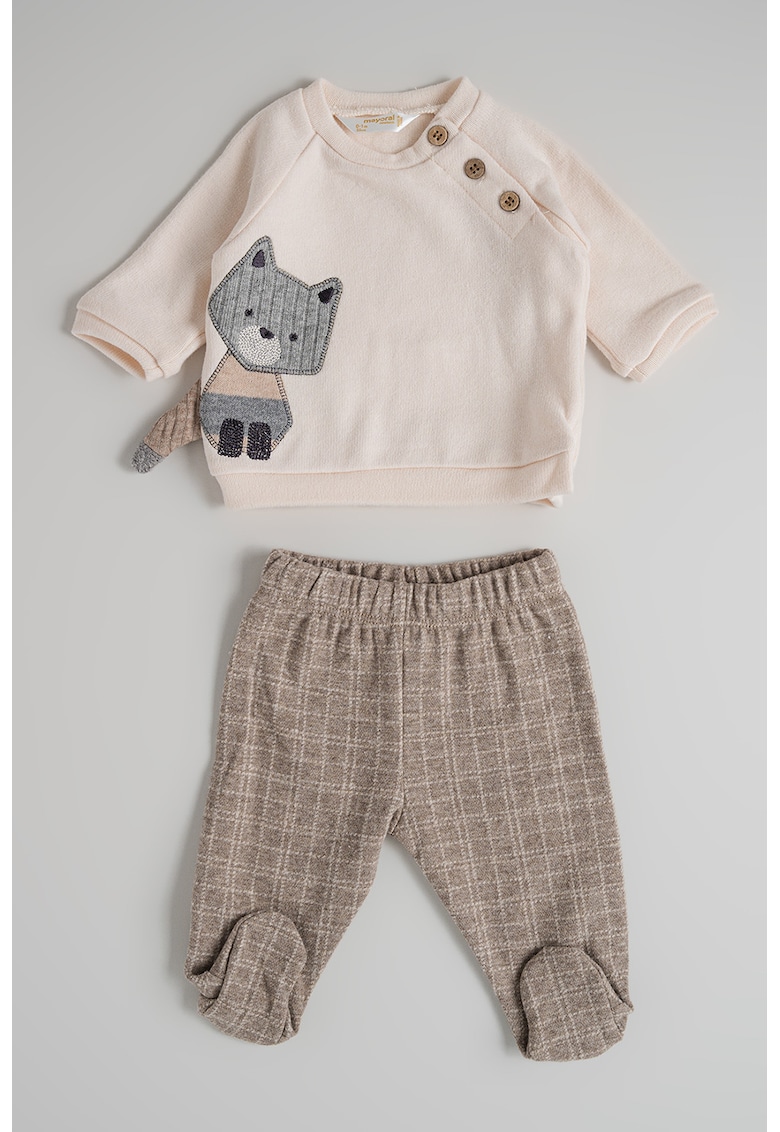 Set de bluza de trening cu broderie cu vulpe si pantaloni cu captuseala - 2 piese