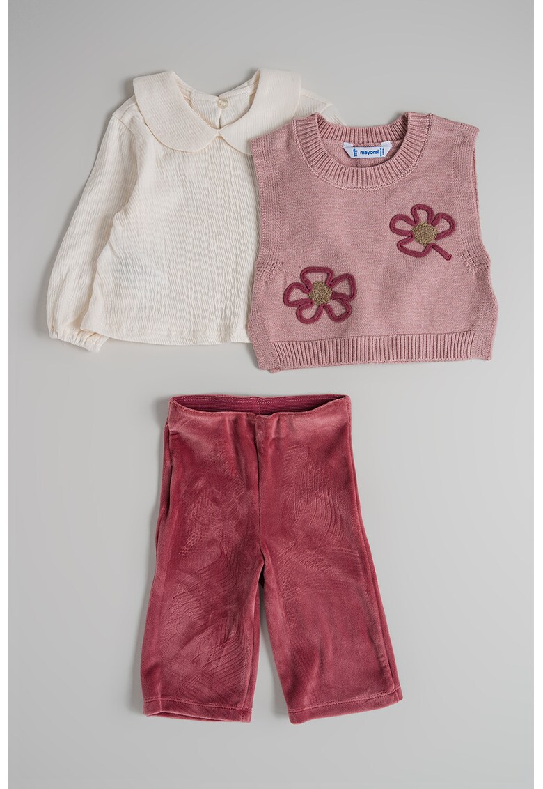 Set de bluza - pantaloni si vesta tricotate - 3 piese - Alb/Roz prafuit