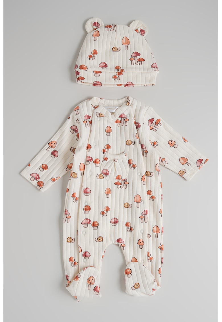 Set de salopeta striata cu model si caciula - 2 piese