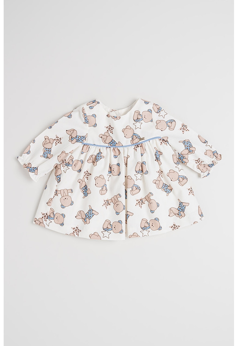 Rochie evazata cu model - Alb fildes/Albastru prafuit/Maro deschis