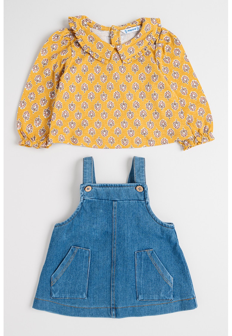 Set de bluza cu model floral si sarafan din denim - 2 piese