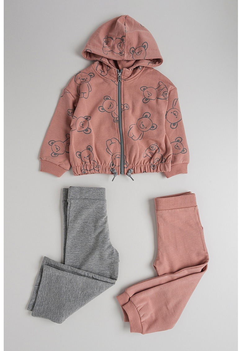 Set de hanorac din amestec de bumbac cu imprimeu si pantaloni de trening - 3 piese
