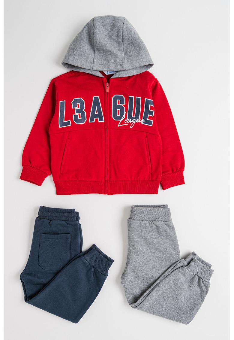 Set de pantaloni de trening cu imprimeu text si hanorac cu fermoar - 3 piese