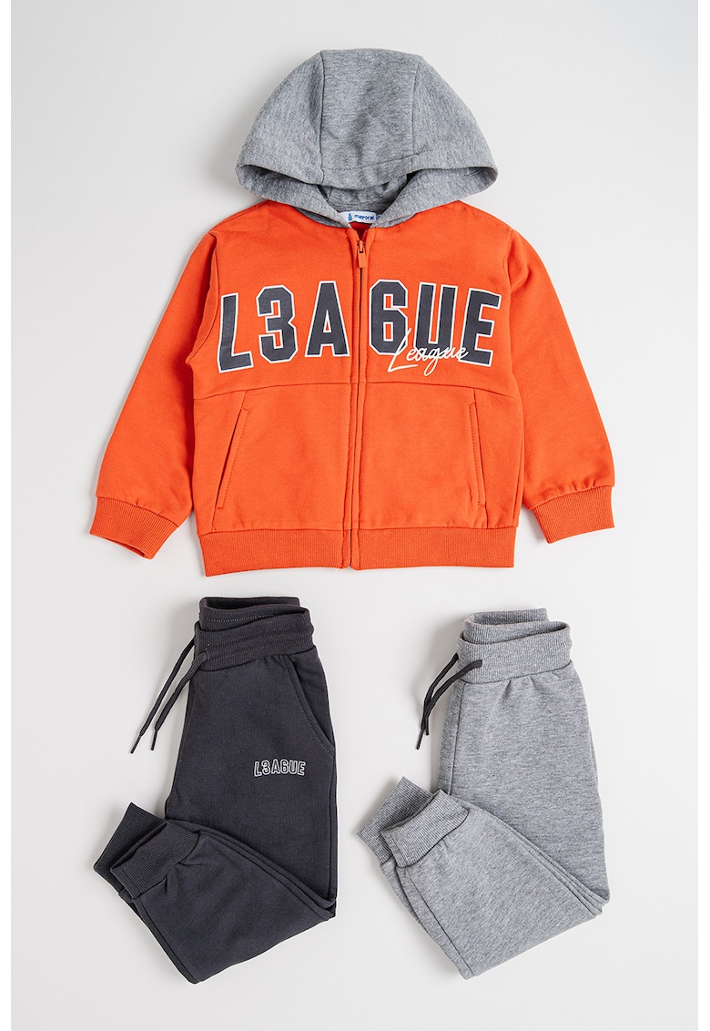 Set de pantaloni de trening cu imprimeu text si hanorac cu fermoar - 3 piese