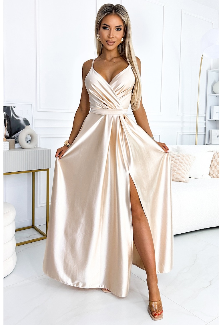 Rochie lunga din satin cu crapatura pe picior -