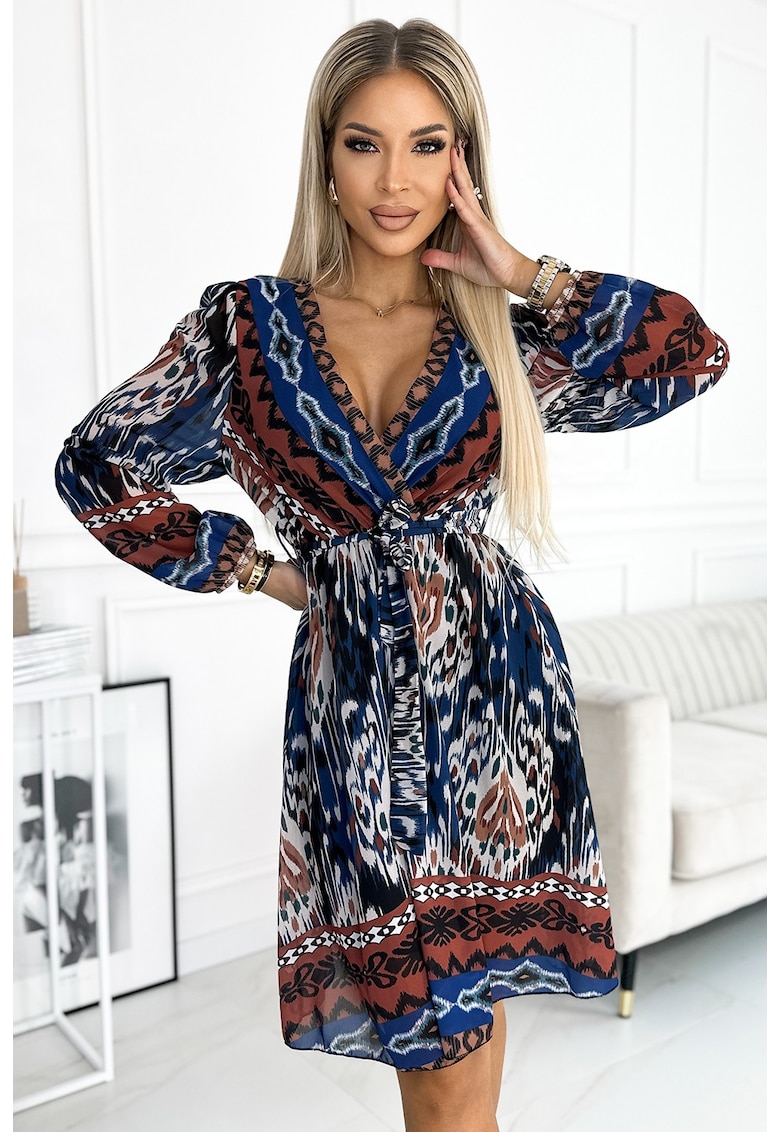 Rochie din sifon cu maneca lunga - Multicolor