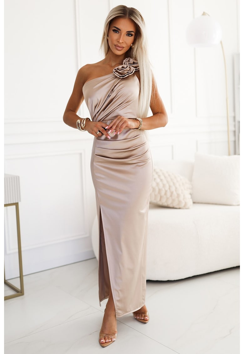 Rochie lunga din satin cu un umar - - Bej