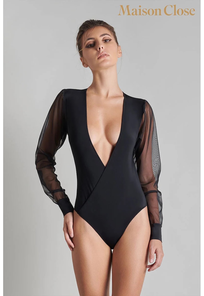 Body cu maneca lunga transparenta si inchidere prin panglica la spate