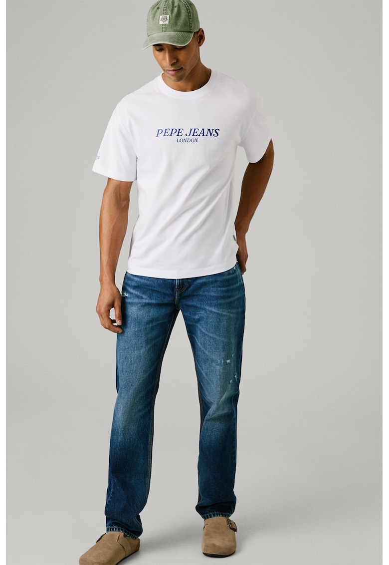 Blugi cu talie medie - aspect decolorat si detalii cu aspect deteriorat