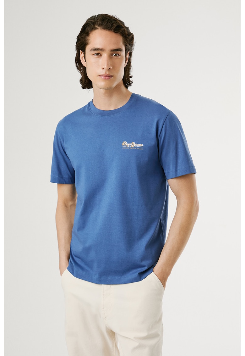 Tricou de bumbac cu decolteu la baza gatului - Albastru deschis