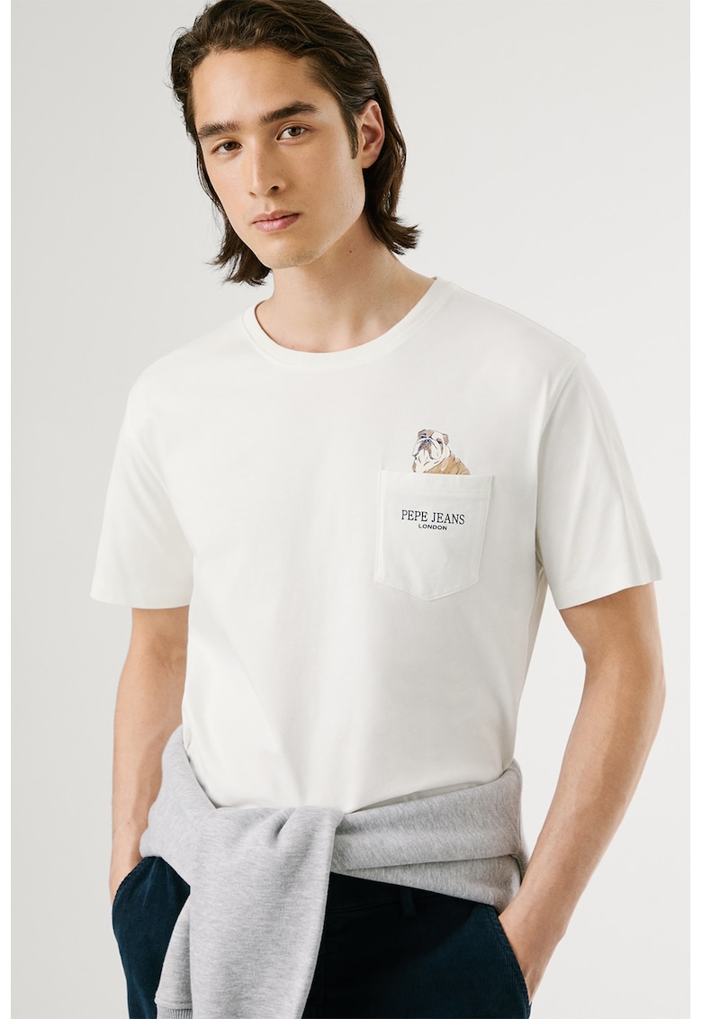 Tricou cu decolteu la baza gatului si buzunar pe piept - Alb murdar