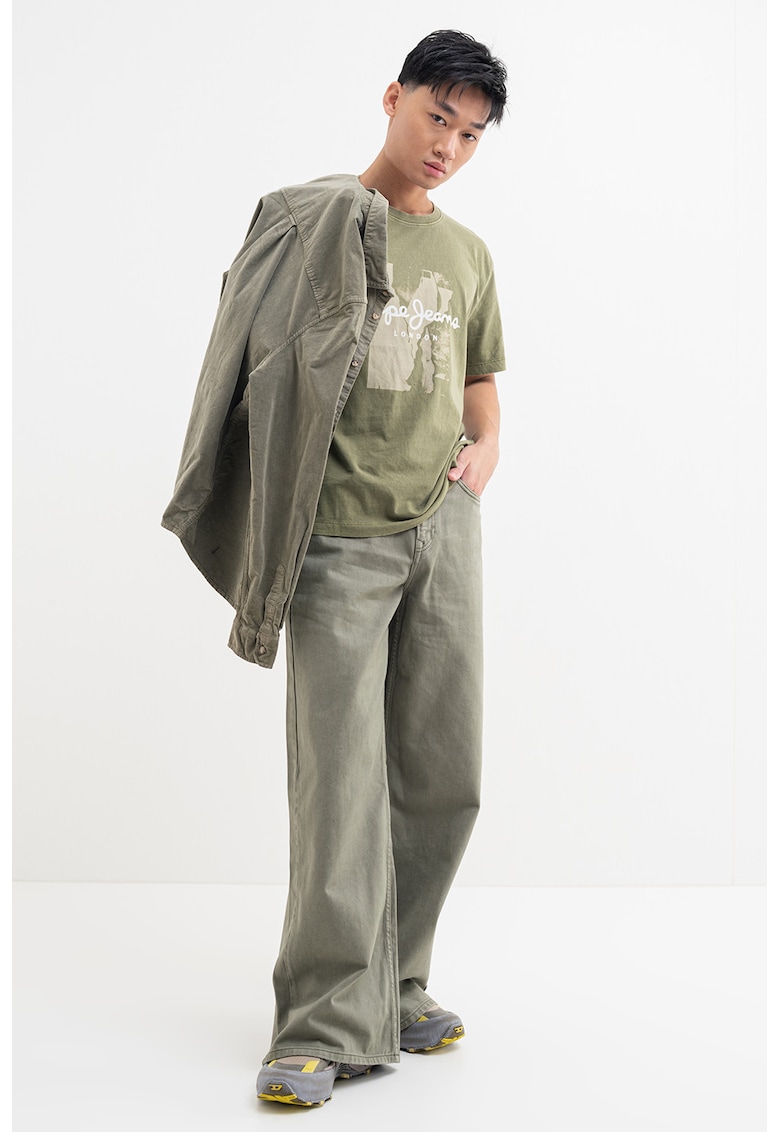 Tricou de bumbac cu logo - Alb murdar/Verde feriga/Bej deschis