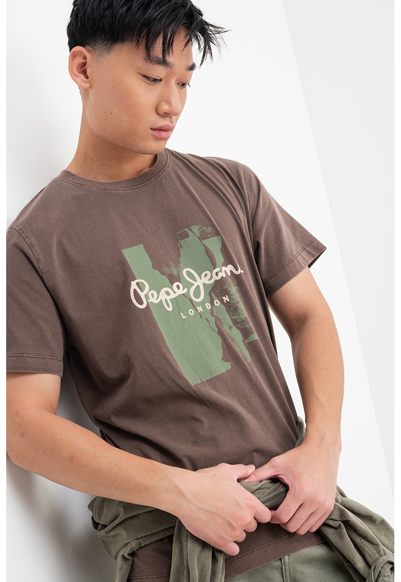 Tricou de bumbac cu logo - Maro inchis/Alb murdar/Verde feriga