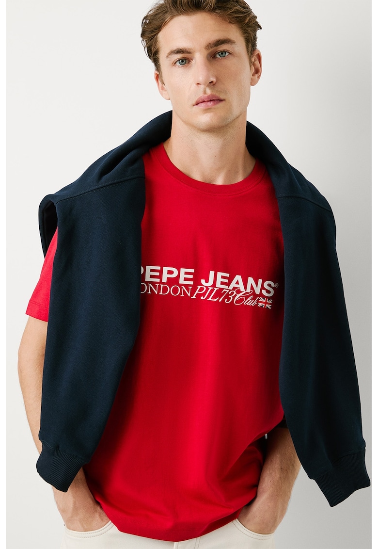 Tricou cu decolteu la baza gatului si logo pe piept - Alb/Rosu vermillion