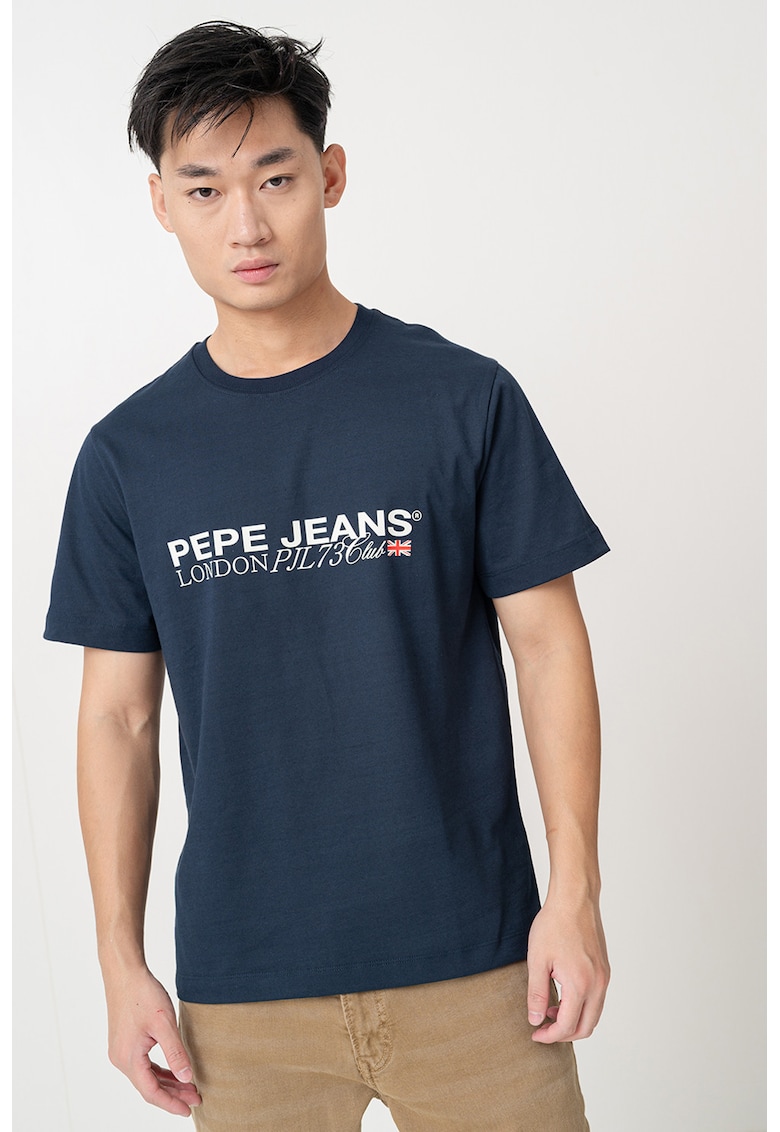 Tricou cu decolteu la baza gatului si logo pe piept - Bleumarin