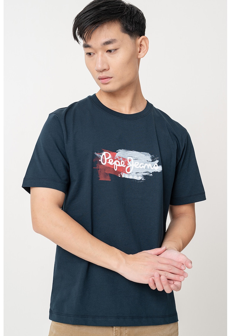 Tricou regulat fit cu logo pe piept Trey - Bleumarin