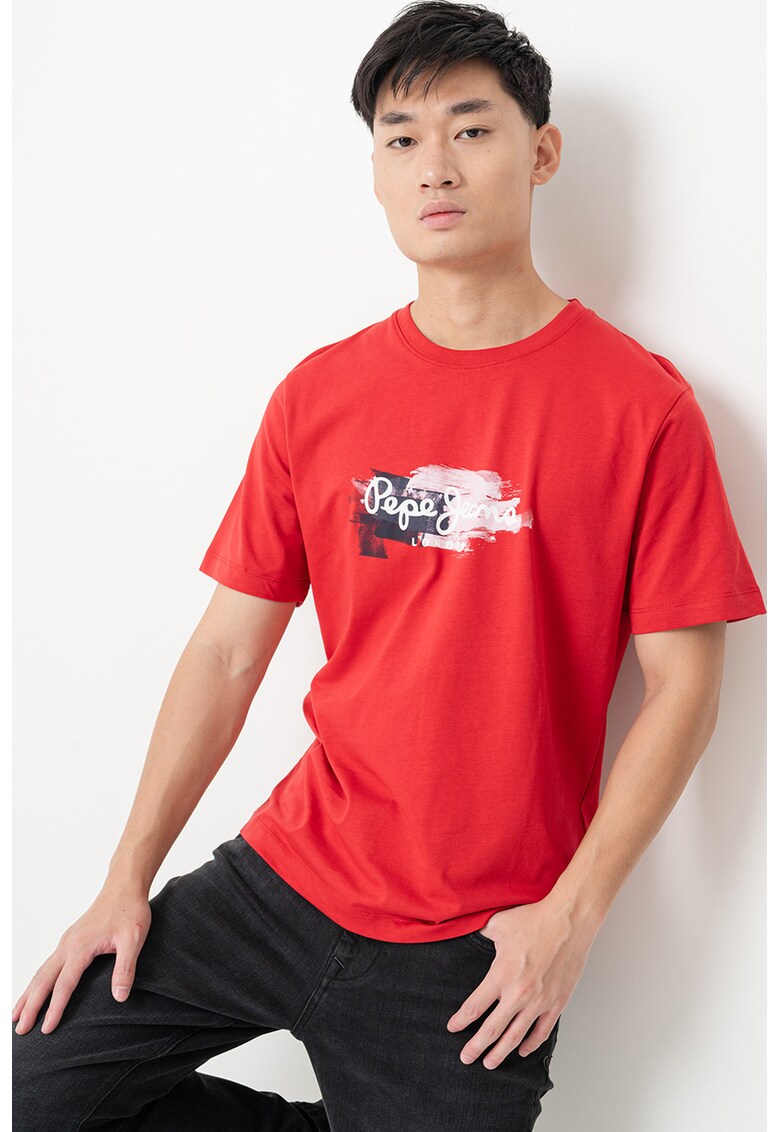 Tricou regulat fit cu logo pe piept Trey - Rosu/Alb