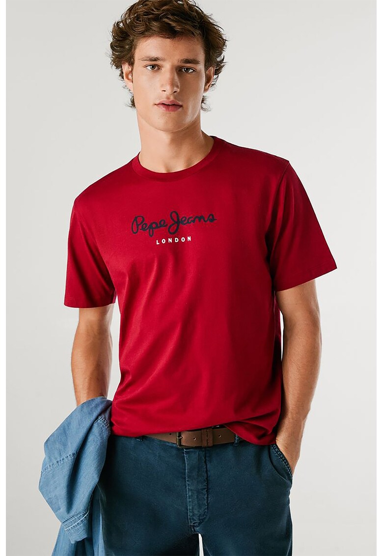 Tricou cu decolteu la baza gatului si logo - Rosu/Albastru ultramarin/Alb murdar