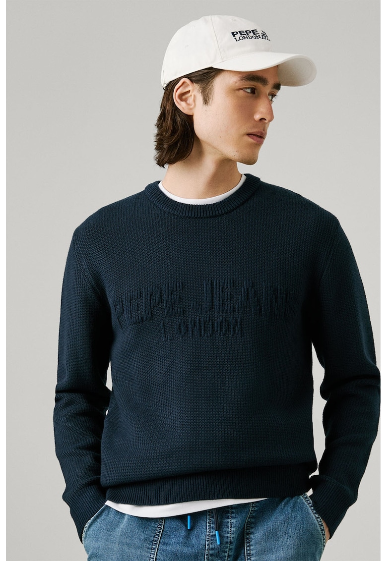 Pulover texturat cu logo in relief