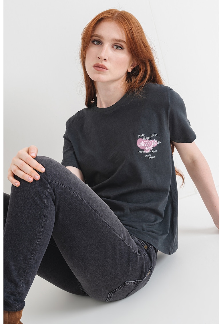 Tricou de bumbac Babs - Gri inchis melange/Roz prafuit