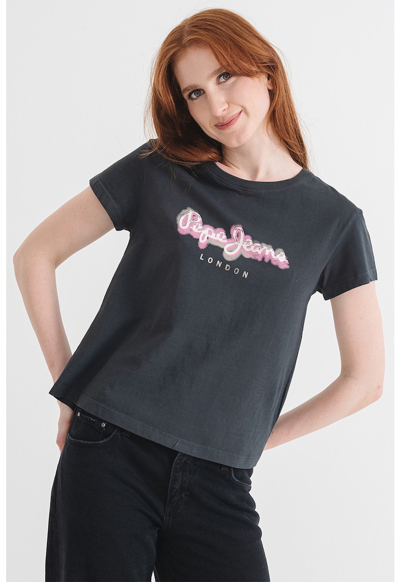 Tricou de bumbac Becky - Albastru prafuit/Alb optic/Roz prafuit