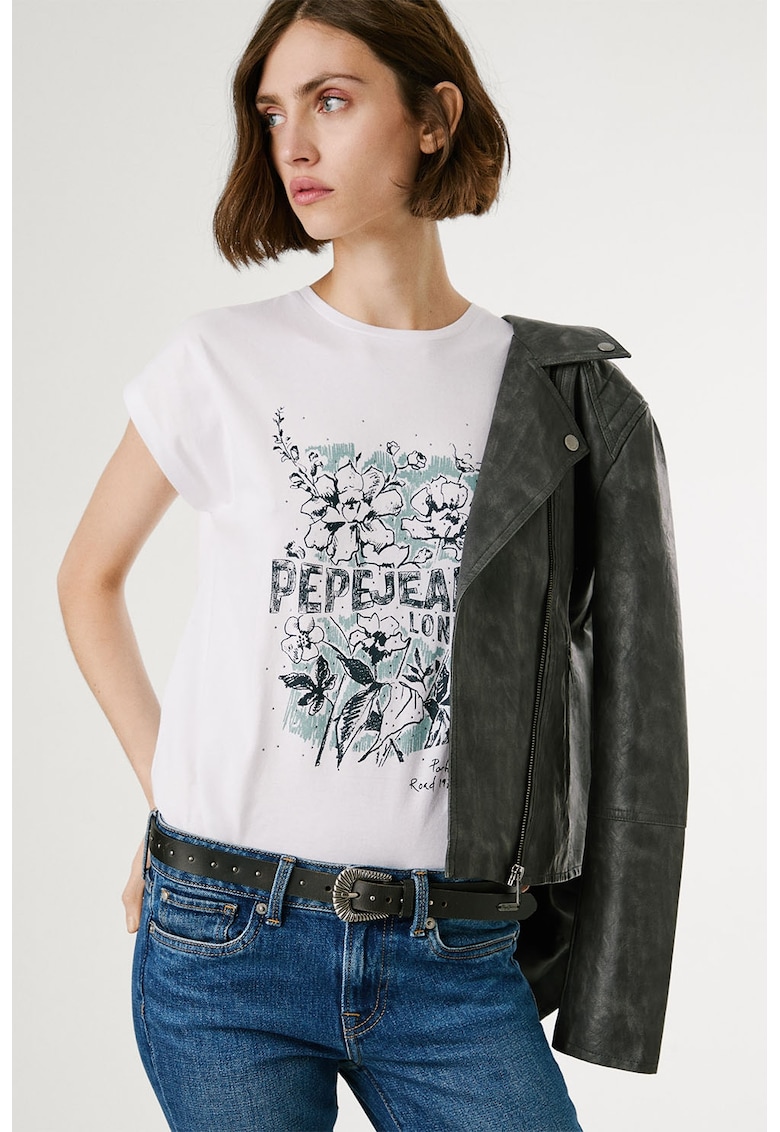 Tricou cu decolteu la baza gatului si imprimeu logo - Alb/Negru/Turcoaz