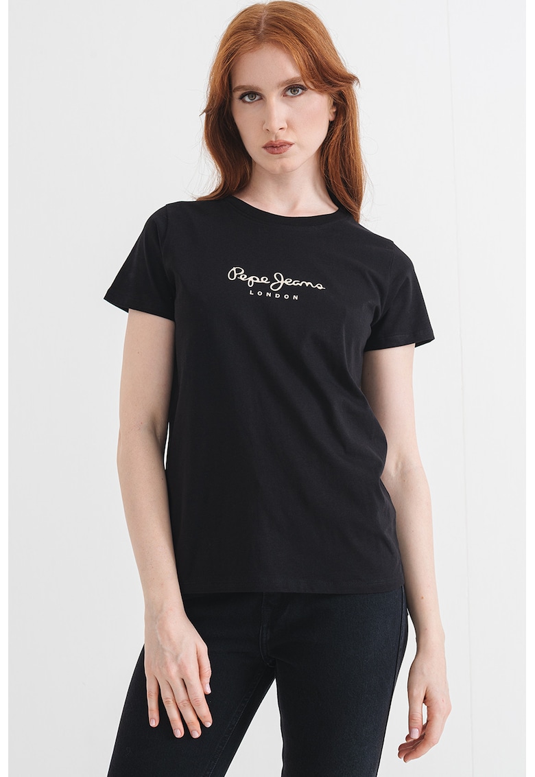 Tricou din bumbac cu decolteu la baza gatului si detaliu cu logo pe piept