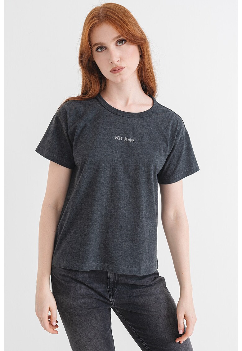 Tricou de bumbac cu decolteu la baza gatului - Gri inchis melange