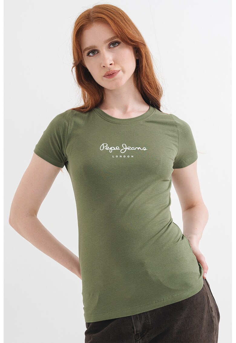 Tricou slim fit cu logo - Alb optic/Verde aquamarin