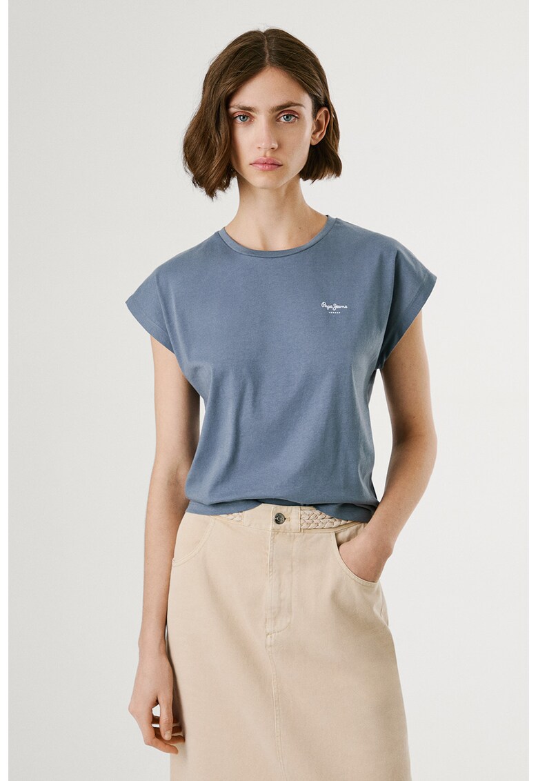 Tricou cu decolteu la baza gatului si logo - Albastru prafuit