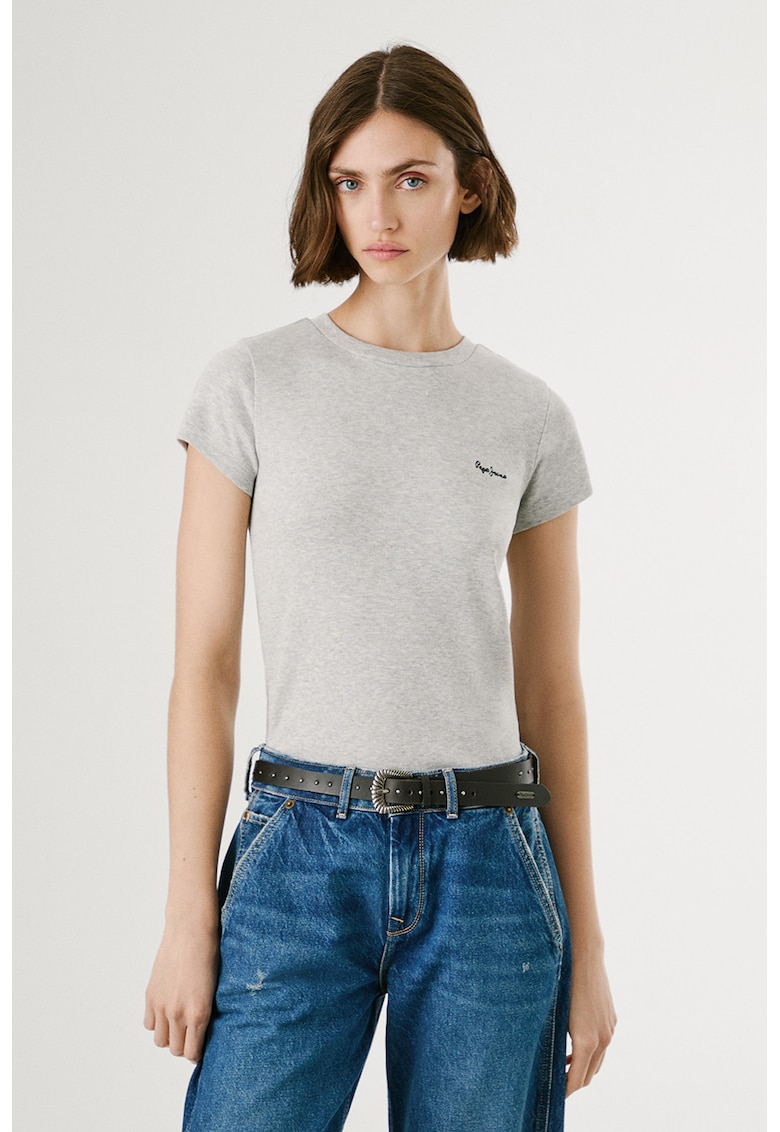 Tricou cu decolteu la baza gatului si logo brodat - Gri deschis