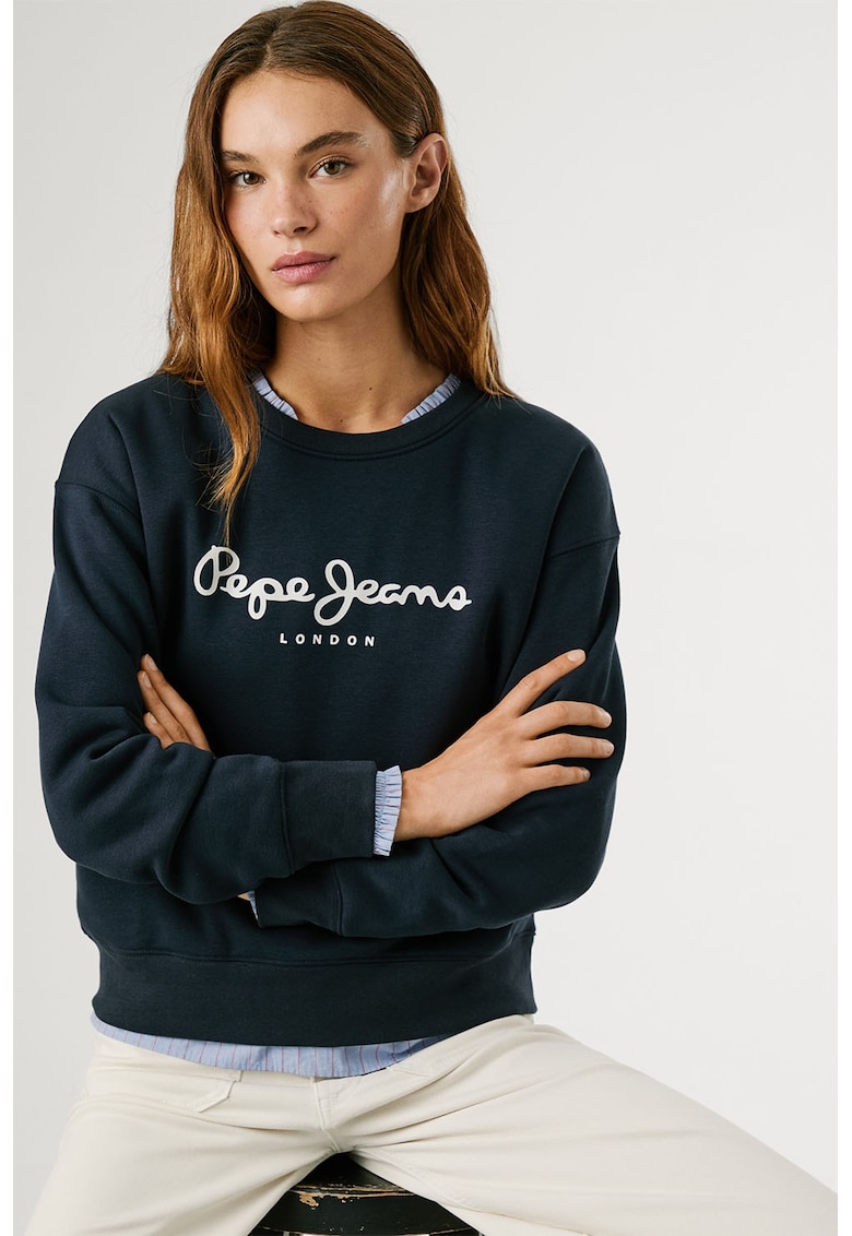 Bluza de trening cu imprimeu logo si decolteu la baza gatului