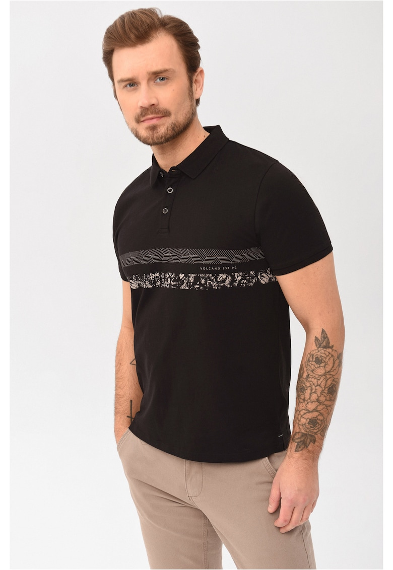 Tricou polo O-Stev pentru barbati - negru cu imprimeu