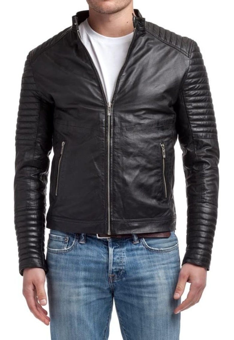 Jacheta din piele cu buzunare laterale -