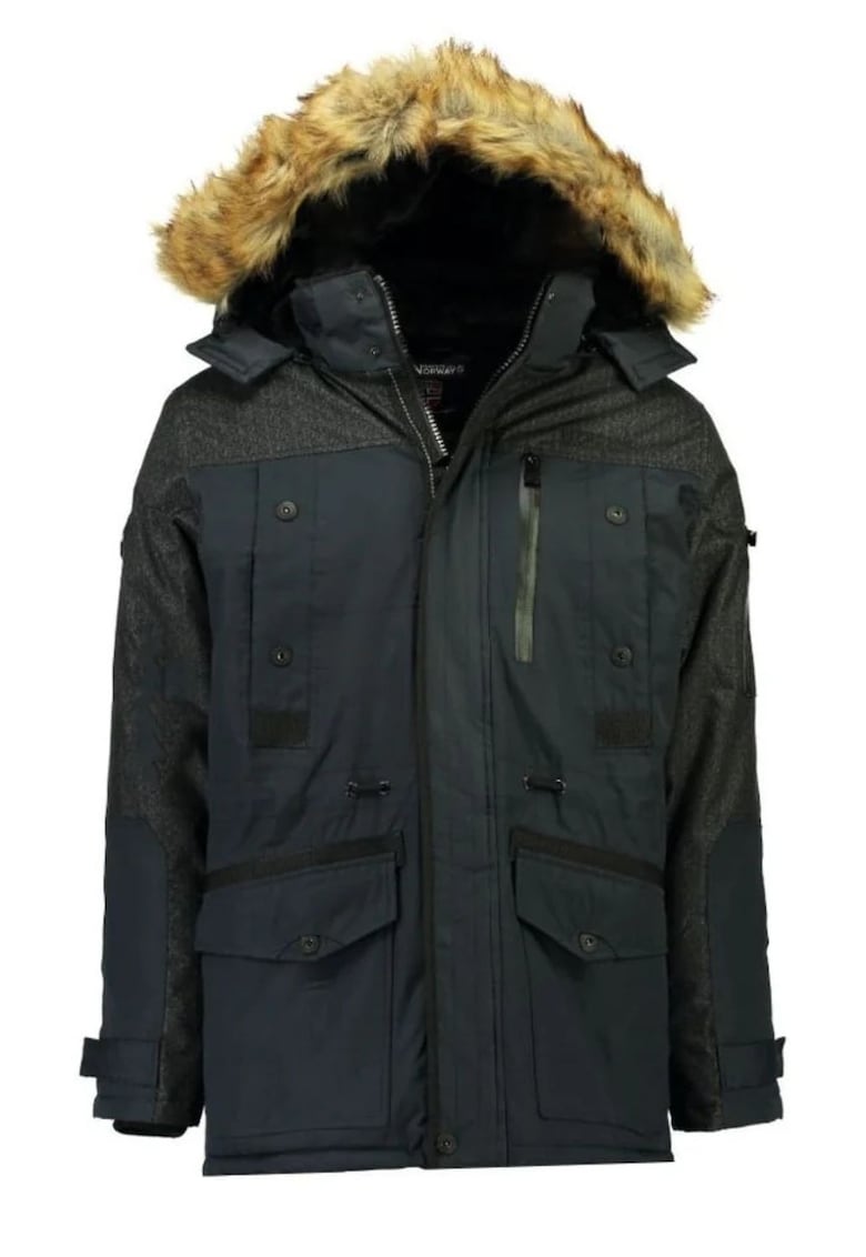 Geaca parka cu buzunare multiple si garnitura din blana artificiala -