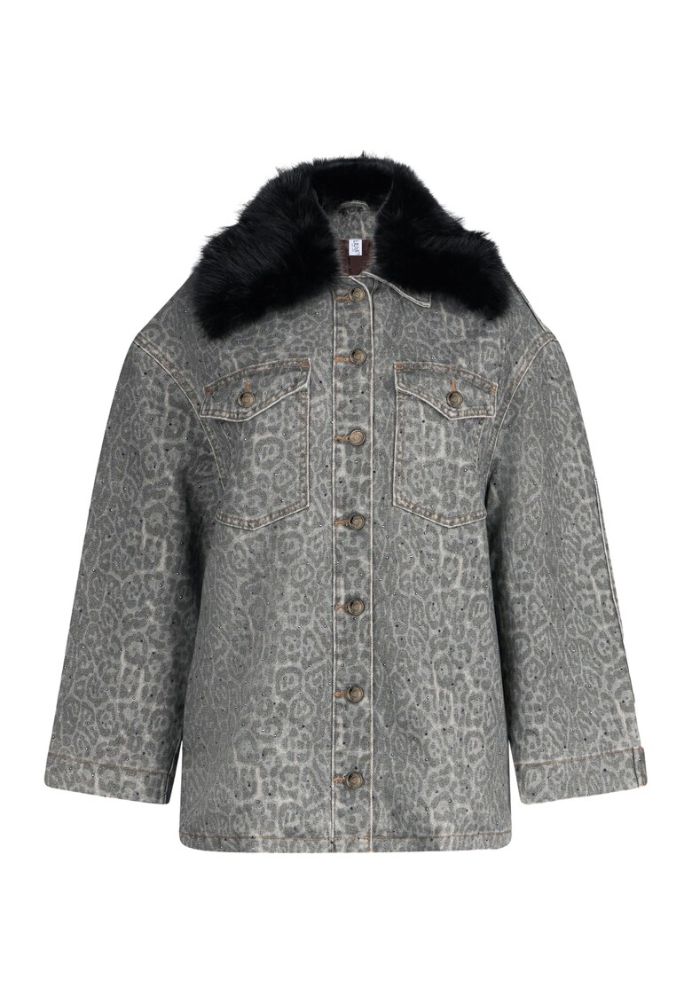 Jacheta din denim cu guler din blana sintetica si model