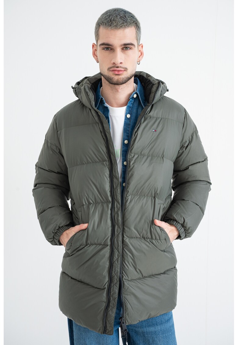 Geaca cu gluga detasabila si umplutura de puf - Verde masliniu