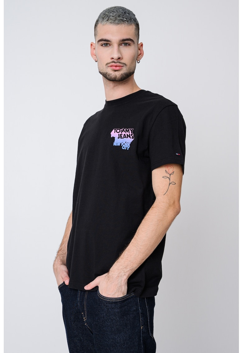 Tricou de bumbac cu decolteu la baza gatului - Negru/Violet