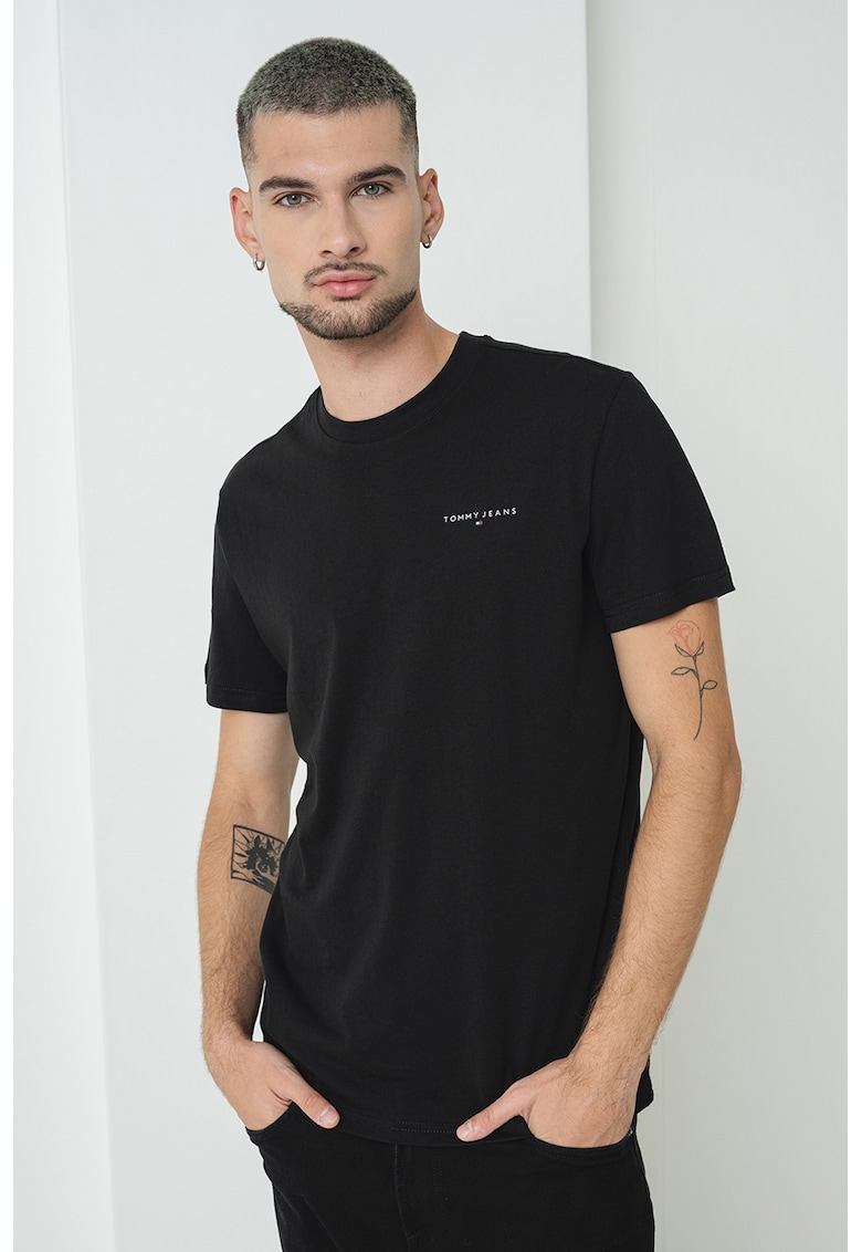 Tricou slim fit din bumbac cu logo discret - Negru