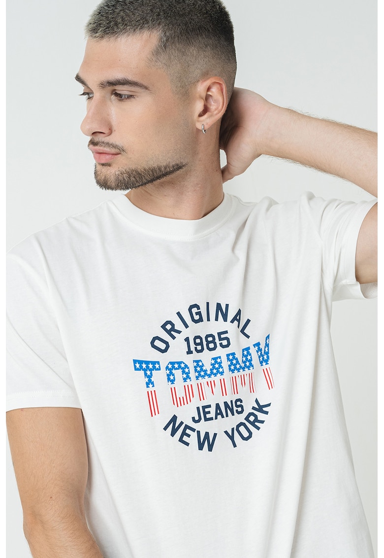 Tricou de bumbac cu decolteu la baza gatului - Alb/Albastru