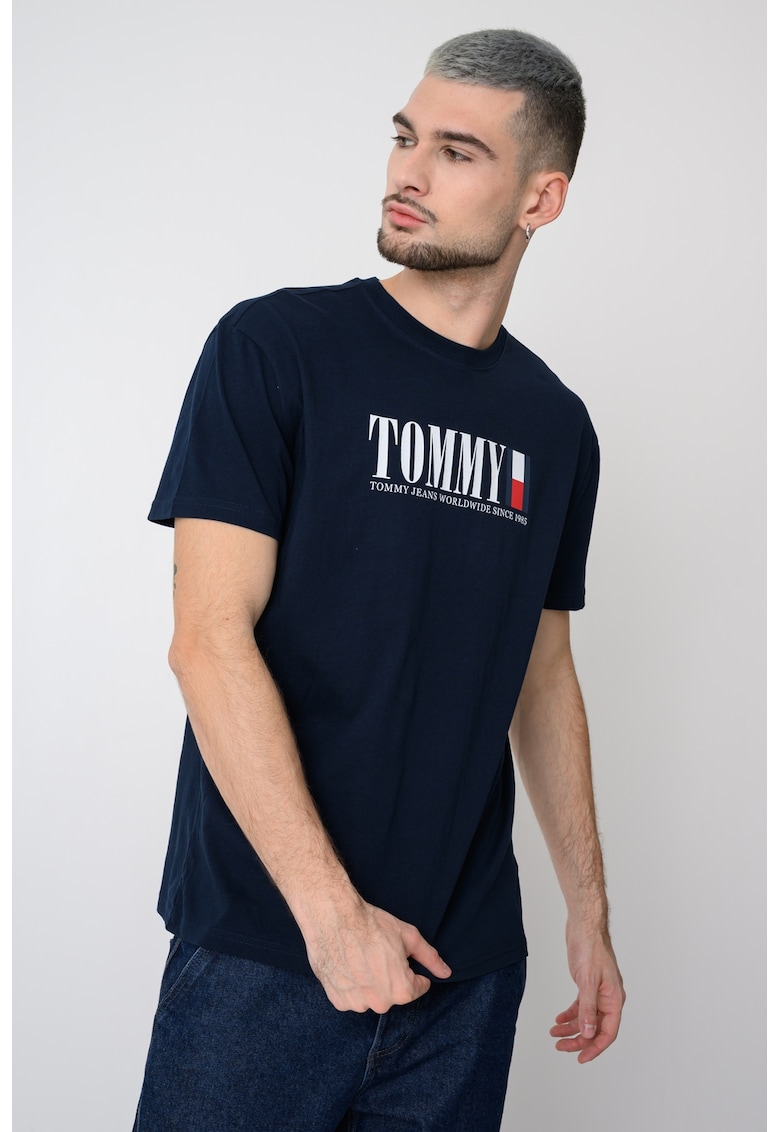 Tricou cu imprimeu logo si decolteu la baza gatului - Bleumarin