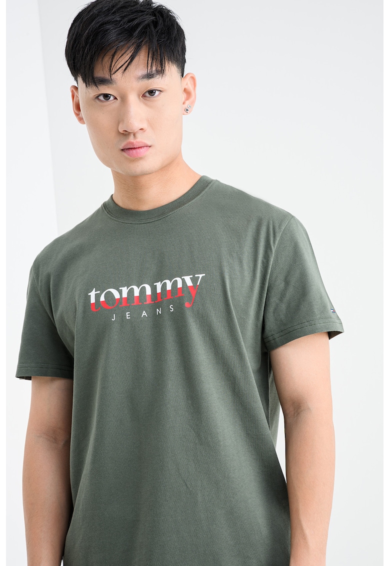 Tricou cu decolteu la baza gatului si imprimeu logo - Verde feriga