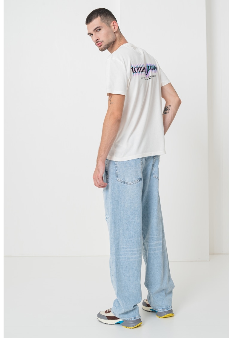 Tricou cu decolteu la baza gatului si imprimeu pe partea din spate - Alb murdar/Verde lime