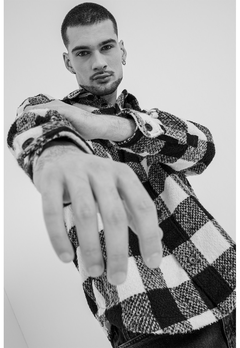 Camasa supradimensionata cu model in carouri - Alb/Negru