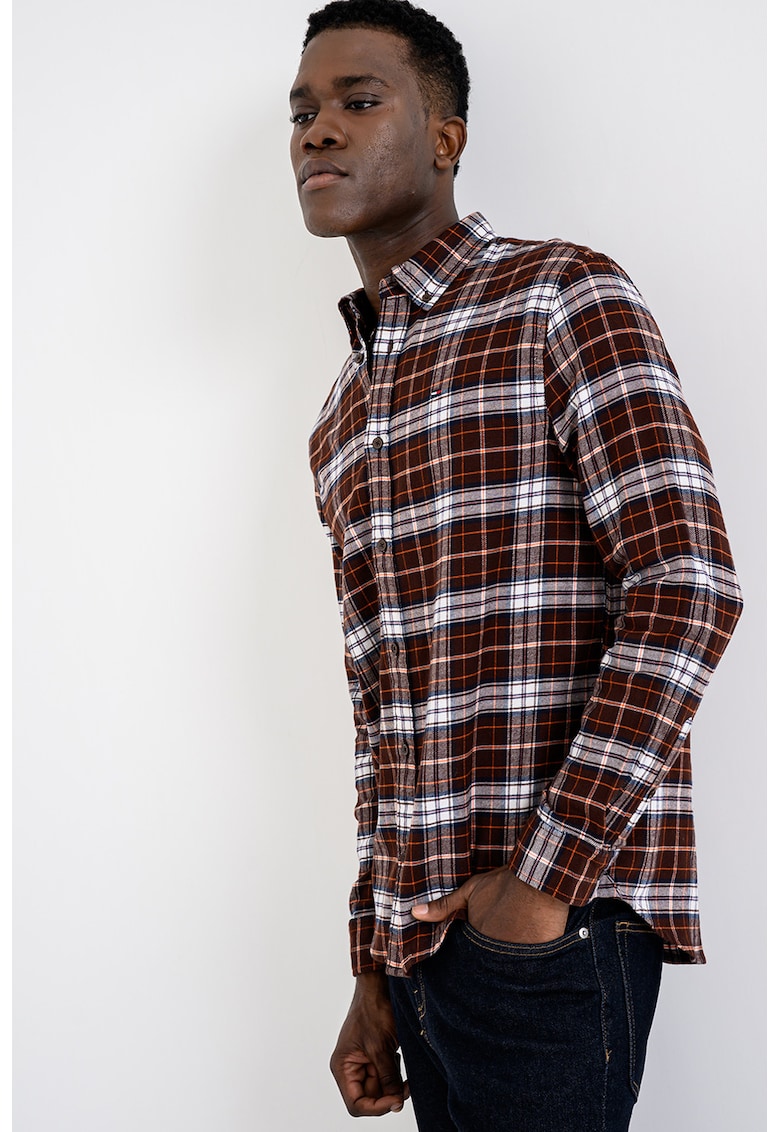Camasa regular-fit cu guler Oxford si model in carouri - Alb/Maro