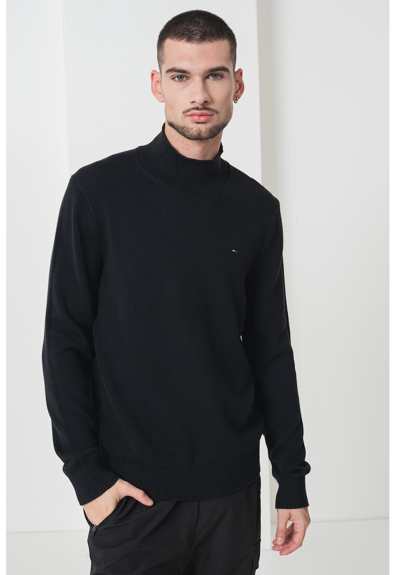 Pulover slim fit din bumbac organic cu guler inalt